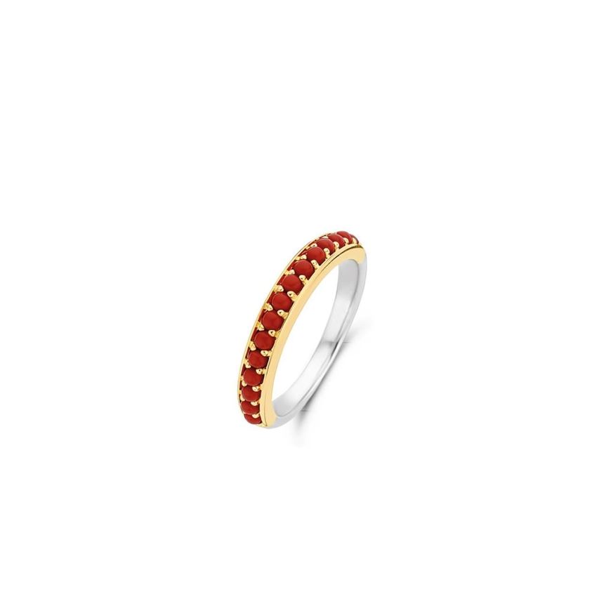 Foto de Anillo de plata con baño dorado y coral rojo