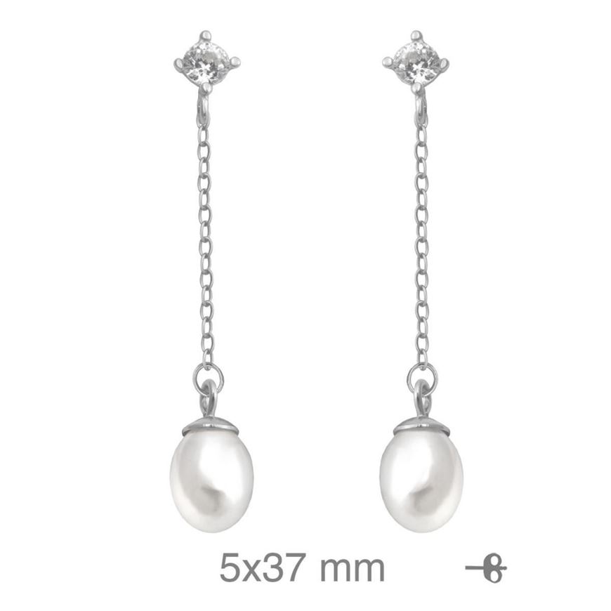 Foto de Pendientes cadena y perla con circonita de plata con baño de rodio