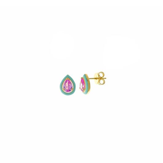 Picture of Pendientes dorados con circonita rosa y esmalte turquesa