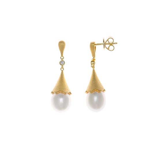 Foto de Pendientes largos dorados satinados con perlas y circonitas blancas
