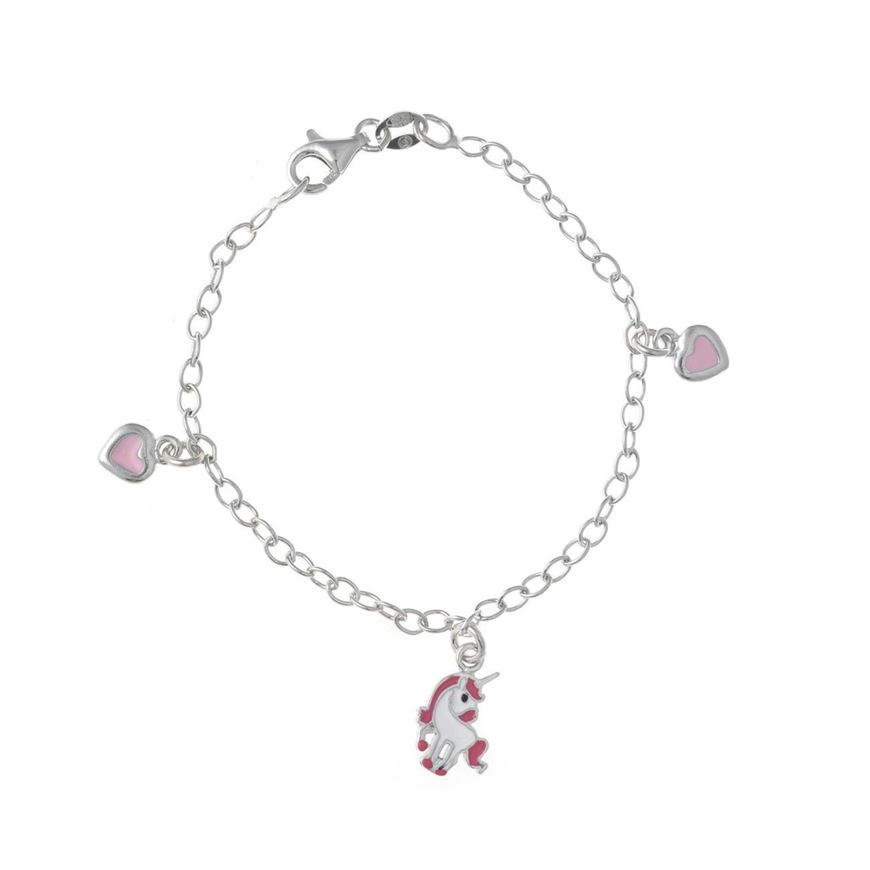 Foto de Pulsera de niña en plata con unicornio y corazones multicolor