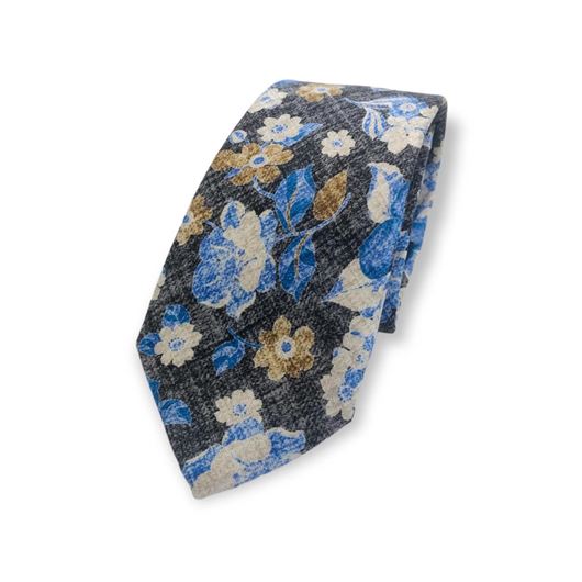 Foto de Corbata seda negro texturizado con estampado floral azul y marrón
