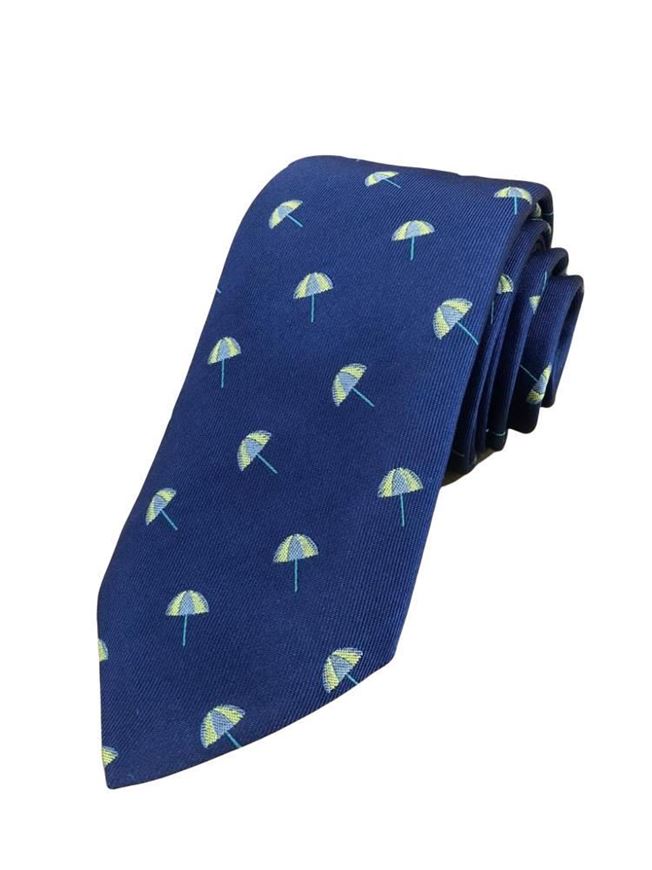 Foto de Corbata seda jacquard azul estampado sombrillas verdes