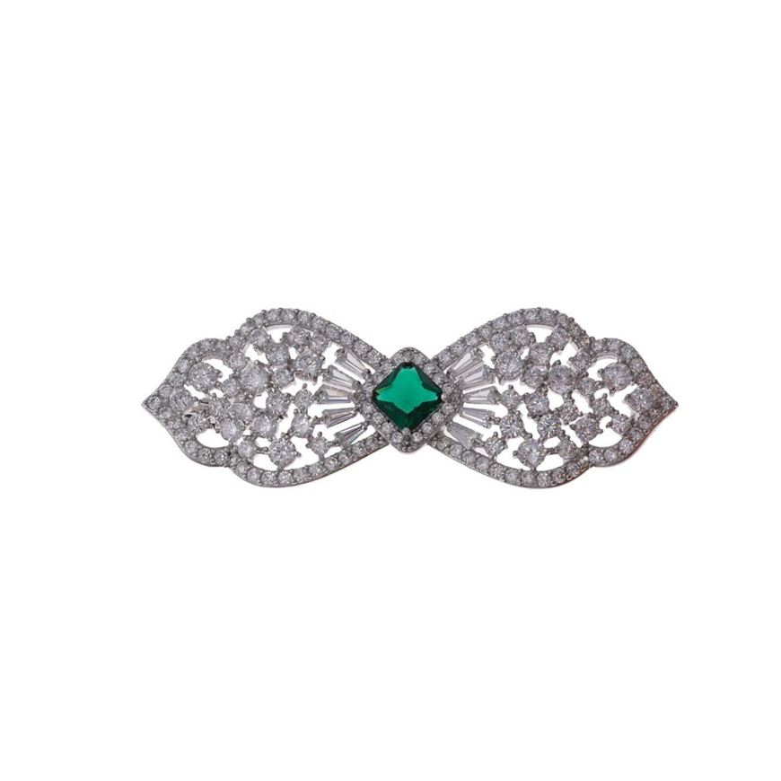 Picture of Broche de plata baño rodio lazo con circonita verde esmeralda