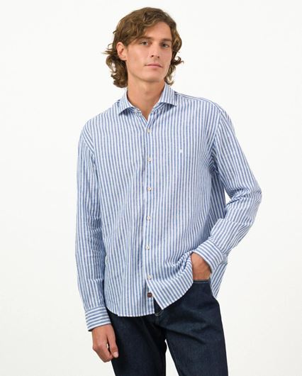 Foto de Camisa manga larga mezcla lino y algodón a rayas kodak azul y blanco