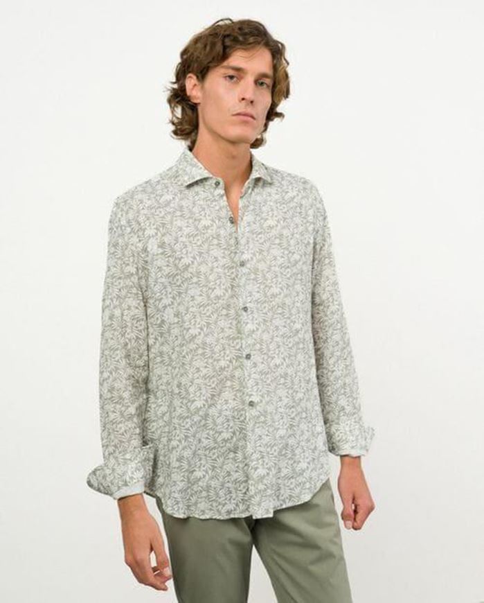 Picture of Camisa manga larga mezcla lino y rayón y estampado floral en caqui y crudo 
