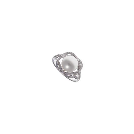 Foto de Anillo de plata ovalos entrelazados con circonitas y perla central 
