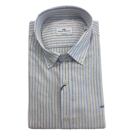 Picture of Camisa mezcla lino y algodón color blanco rayas azul/beige