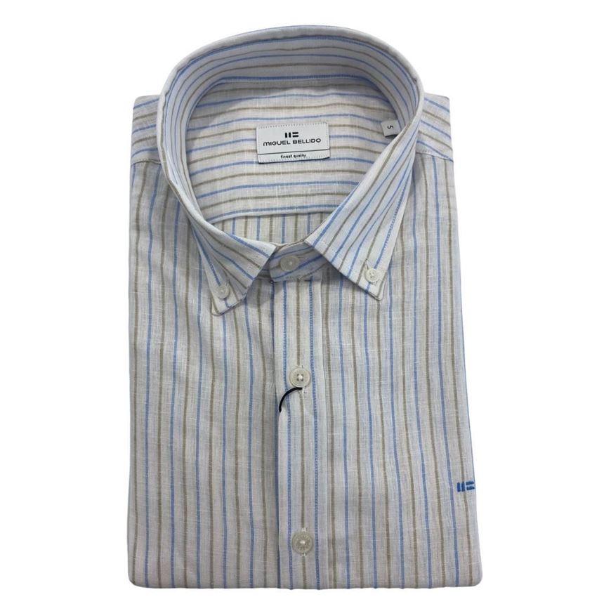 Foto de Camisa mezcla lino y algodón color blanco rayas azul/beige