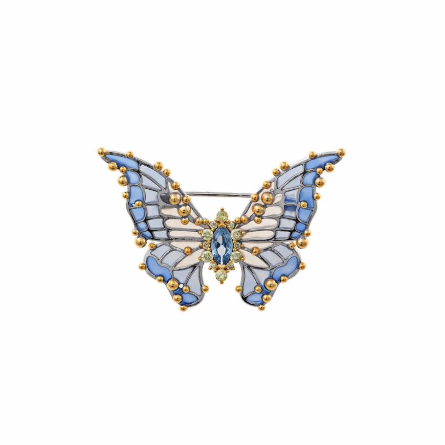 Foto de Broche Ninfa plata chapado dorado mariposa esmalte azul