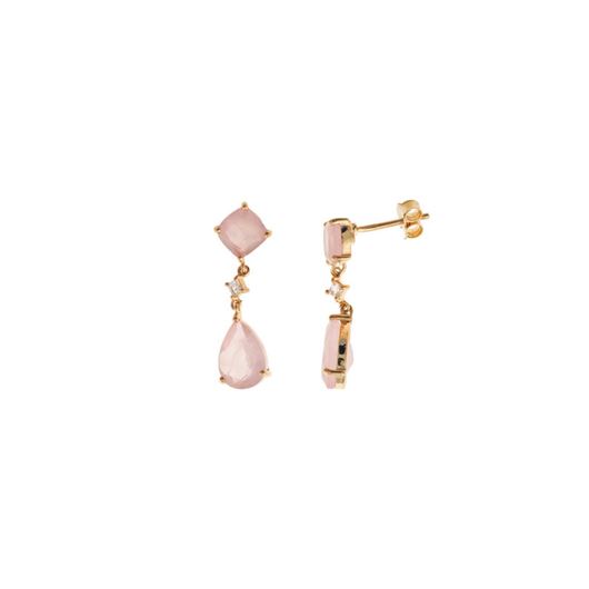 Picture of Pendientes plata chapado dorado cuarzo rosa facetada