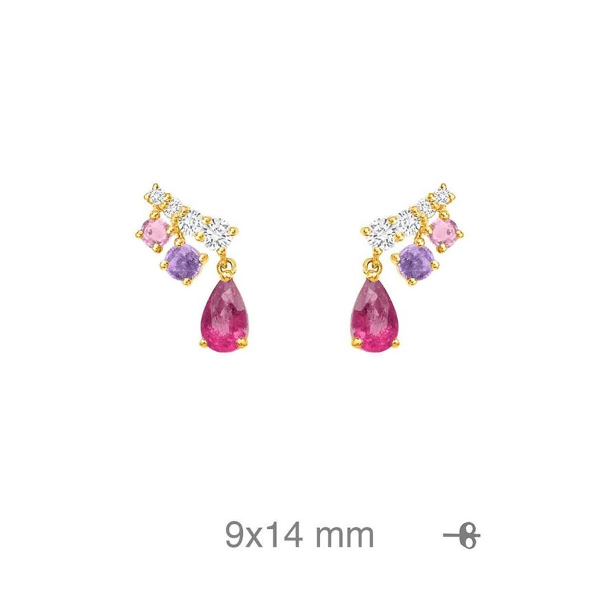 Foto de Pendientes en plata baño oro, circonitas tonos malva y fucsia