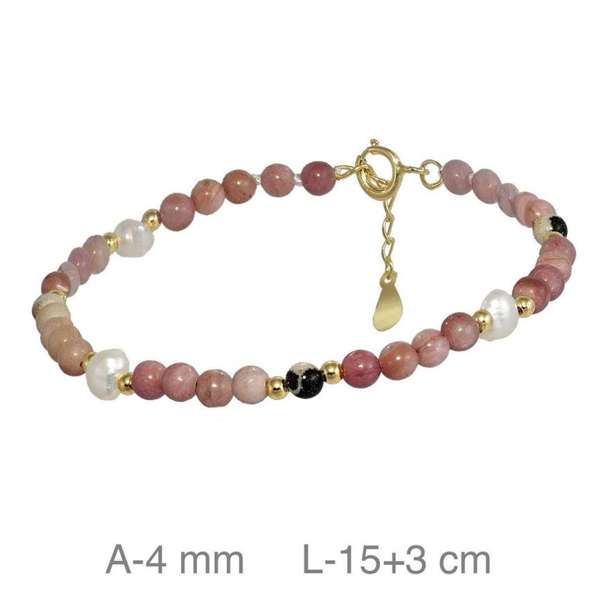 Foto de Pulsera de plata baño oro con perlas y piedras color rosado