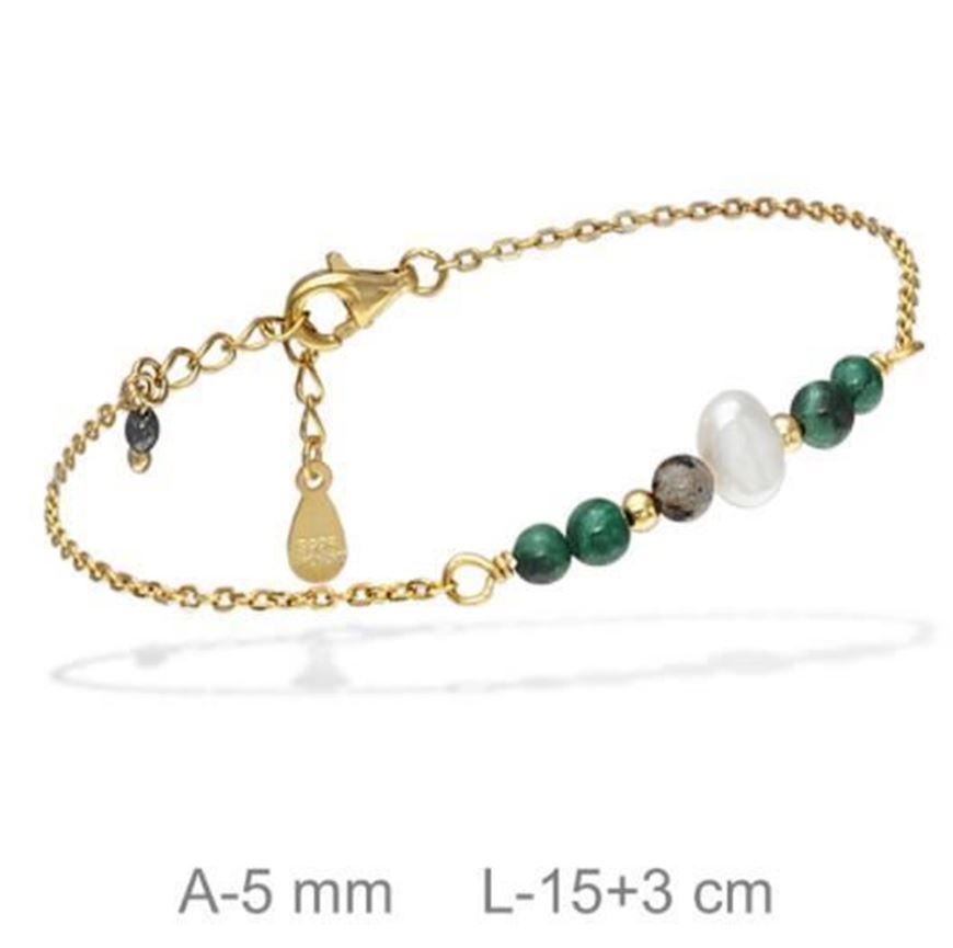 Foto de Pulsera de plata baño oro y piedras verdes y perla