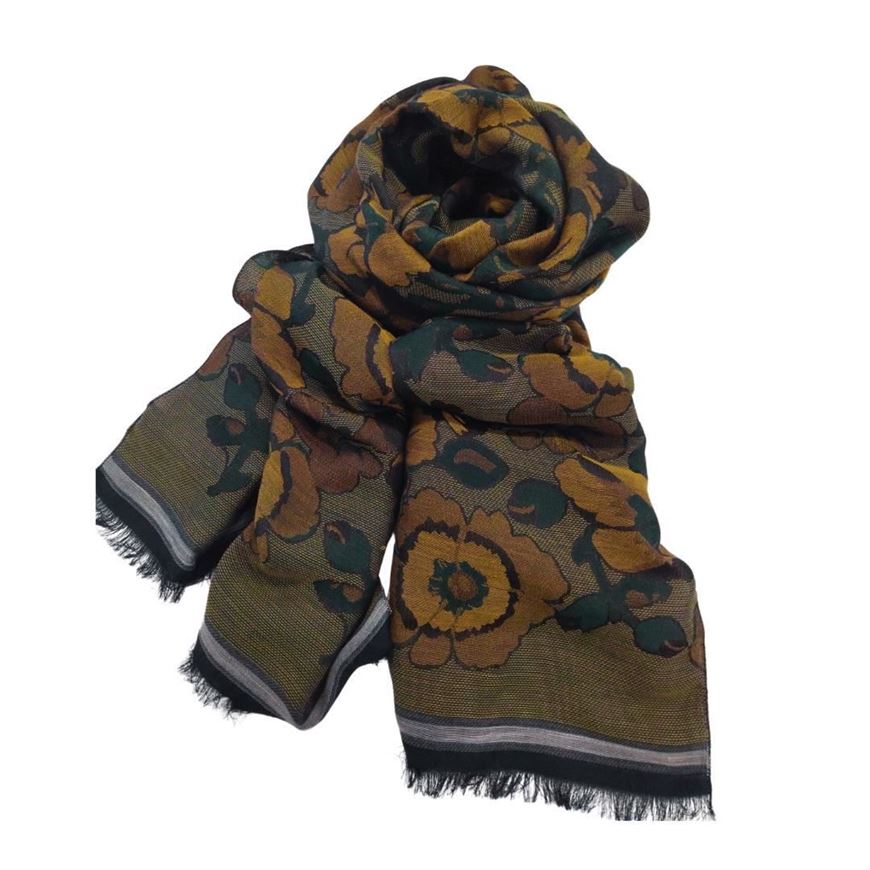 Foto de Foulard estampado floral Jacquard Camel y verde pino 200x65