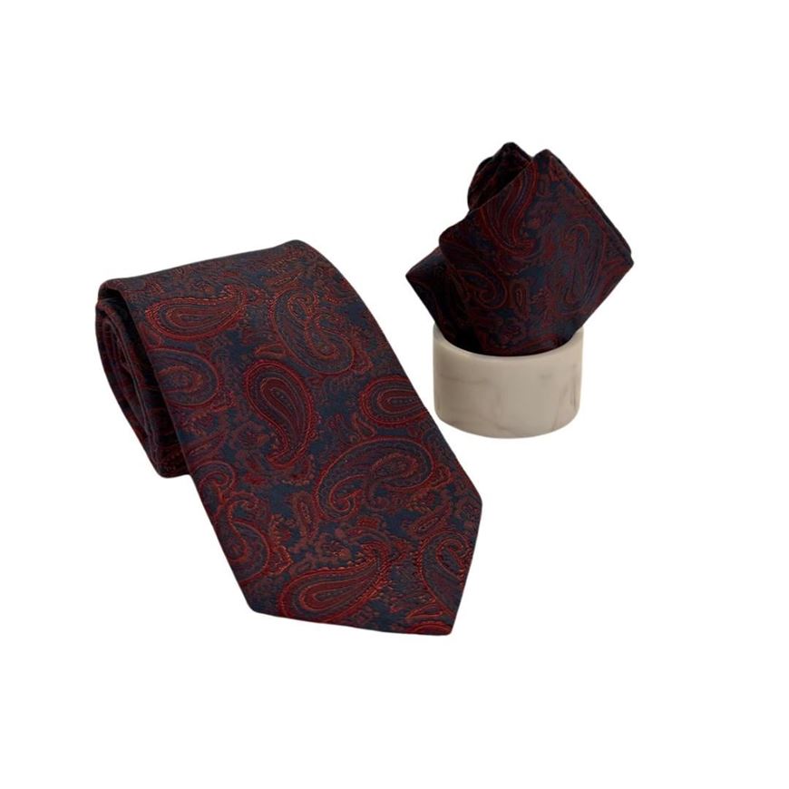 Foto de Corbata y pañuelo ceremonia estampado paisley burbundy