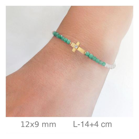 Foto de Pulsera de plata con baño de oro cruz y bolitas verde y blanco
