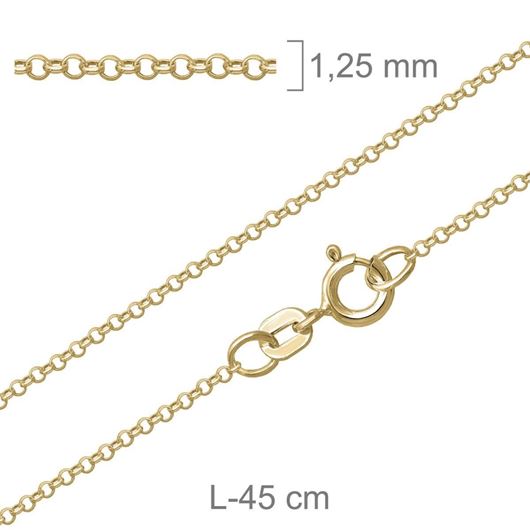 Foto de Cadena eslabón roló diamantado en plata baño oro, 1,25mm grosor, 45cm longitud