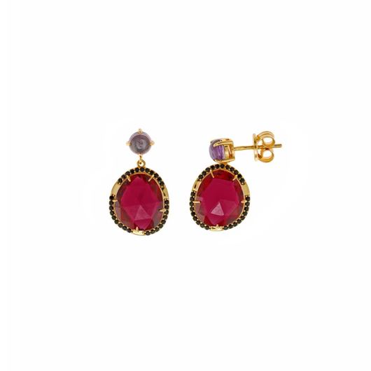 Foto de Pendientes plata chapado dorado cabuchon morado ovalo