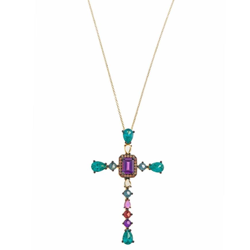 Foto de Collar plata chapado dorado cruz cristal moradas