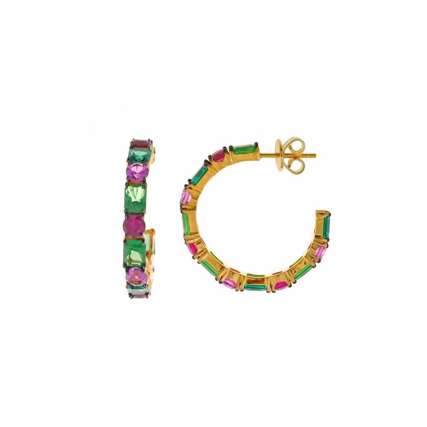 Foto de Pendientes plata chapado dorado aro circonitas esmeralda,