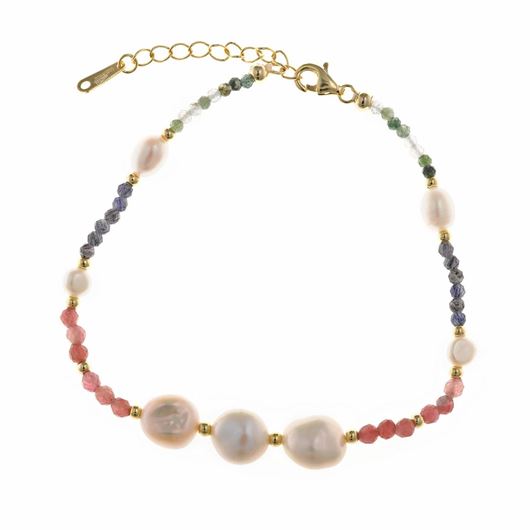 Foto de Pulsera de plata baño oro con perlas irregulares y turmalinas facetadas 