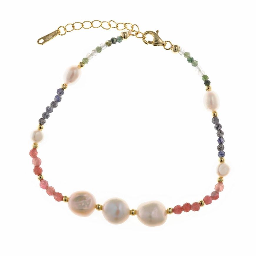 Foto de Pulsera de plata baño oro con perlas irregulares y turmalinas facetadas 
