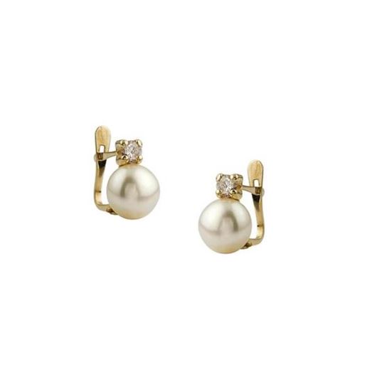 Foto de Pendientes en oro amarillo 18kt tu y yo en perla cultivada 7mm y circonitas cierre catalán blancas