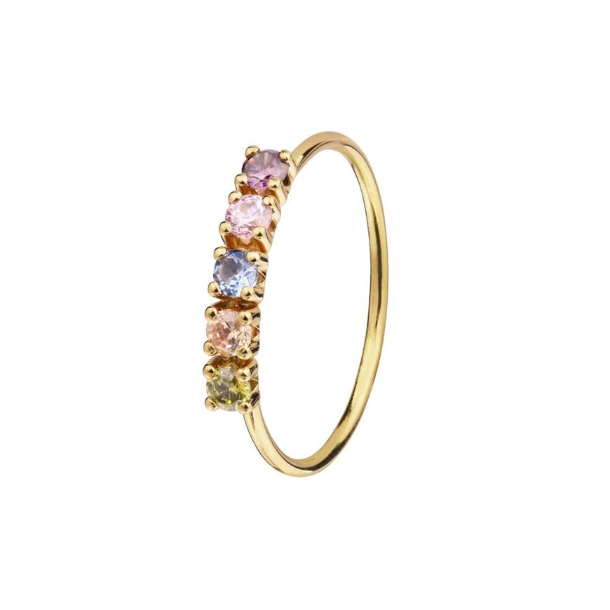 Foto de Sortija cinquillo de circonitas multicolor y oro amarillo 18kt