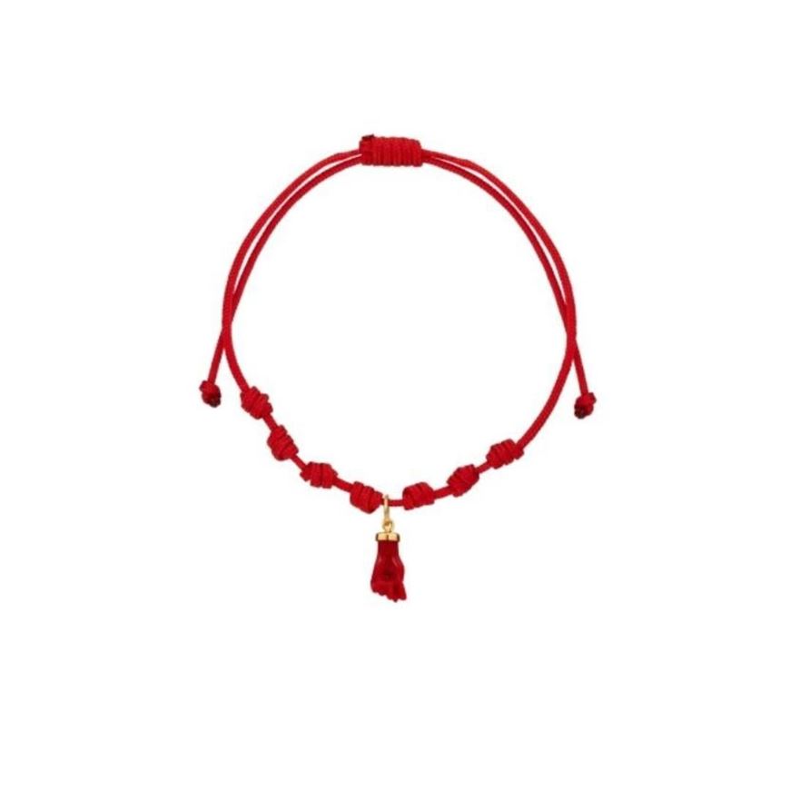 Foto de Pulsera 7 nudos nylon rojo Puño protector coral en oro amarillo 18kt