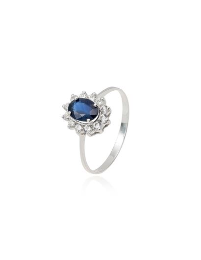 Foto de Anillo de oro blanco de 18K con zafiro 0,50ct  azul royal en talla oval y 12 diamantes en talla brillante 0,30ct, Color G, Pureza VS