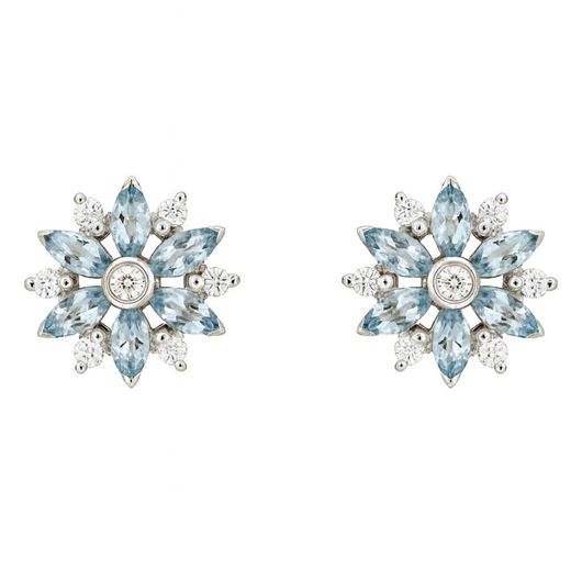 Foto de Pendientes rosetón de oro blanco 14 brillantes 0,23 CT y 12 aguamarinas 0,84CT