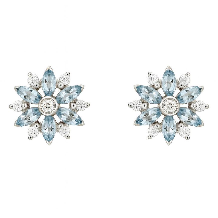 Foto de Pendientes rosetón de oro blanco 14 brillantes 0,23 CT y 12 aguamarinas 0,84CT