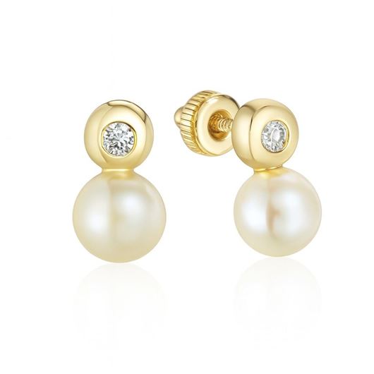 Foto de Pendientes de bebé Tú y Yo en oro amarillo 18k con perla cultivada y chatón de circonita blanca