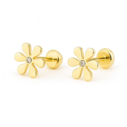 Foto de Pendientes de bebé Flor en oro amarillo 18k con circonita blanca central