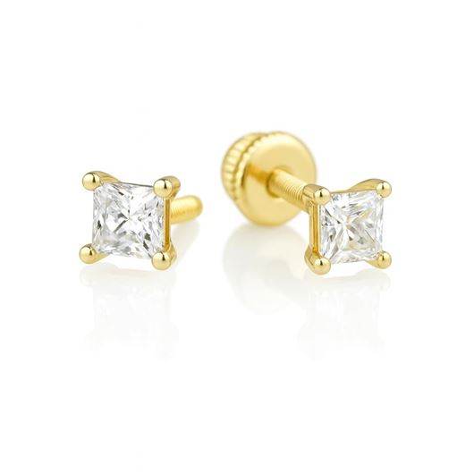 Foto de Pendientes de bebé Punto de Luz en oro amarillo 18k con circonita talla princesa y cuatro garras