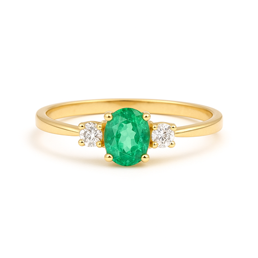Foto de Sortija Trilogy de oro amarillo 18kt y circonitas blancas y circonita verde esmeralda