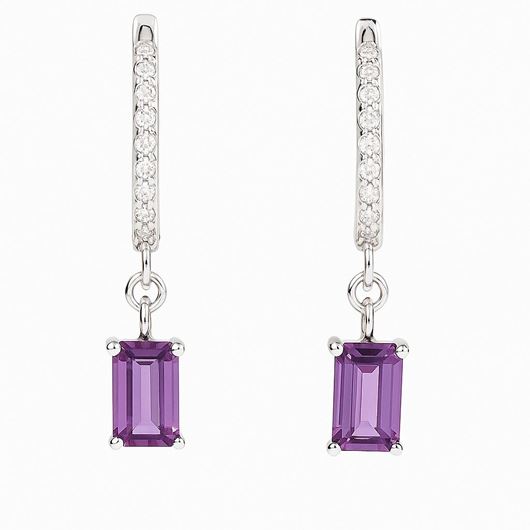 Foto de PENDIENTES CRIOLLAS ORO BLANCO 18KT CON CIRCONITAS BLANCAS Y CIRCONITA BAGUETTE COLOR AMATISTA
