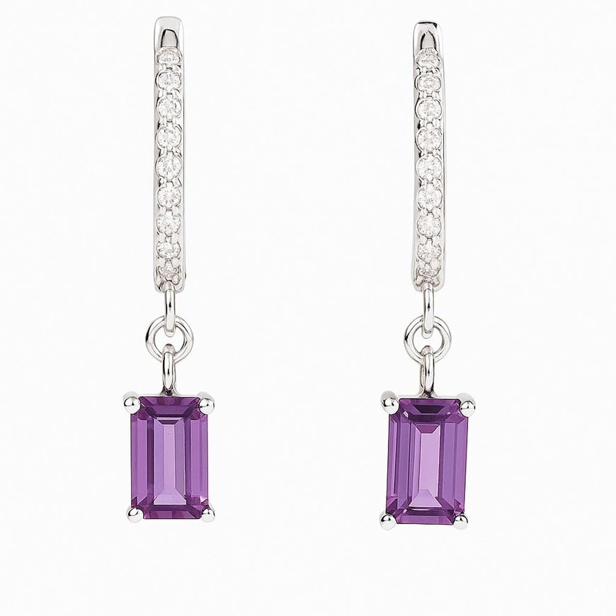 Foto de PENDIENTES CRIOLLAS ORO BLANCO 18KT CON CIRCONITAS BLANCAS Y CIRCONITA BAGUETTE COLOR AMATISTA