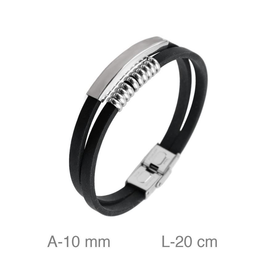 Foto de Pulsera acero y cuero negro con placa