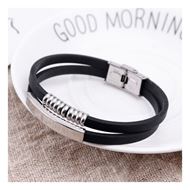 Foto de Pulsera acero y cuero negro con placa