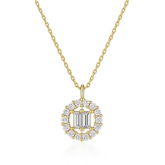 Foto de Gargantilla en oro amarillo 18kt con colgante 2 circonitas en talla bagué y orla de circonitas blancas