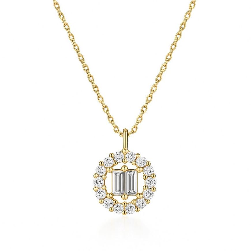Picture of Gargantilla en oro amarillo 18kt con colgante 2 circonitas en talla bagué y orla de circonitas blancas