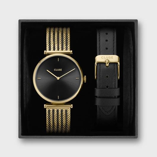 Foto de Estuche de regalo Triomphe Reloj de malla, color dorado y correa de piel negra