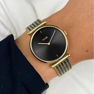 Foto de Estuche de regalo Triomphe Reloj de malla, color dorado y correa de piel negra
