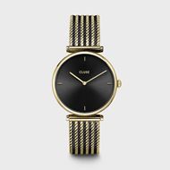 Foto de Estuche de regalo Triomphe Reloj de malla, color dorado y correa de piel negra