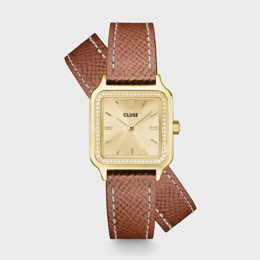 Foto de Reloj Cluse Gracieuse Petite, doble piel, piedras blancas, color cáscara de nuez, color oro completo