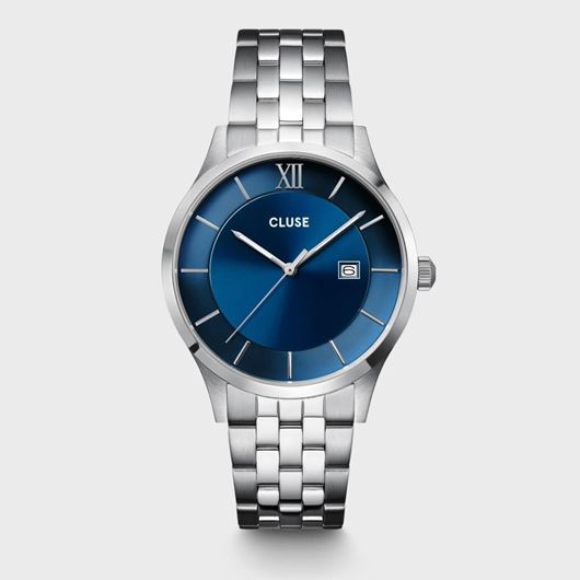 Foto de Reloj Cluse Aravis de 3 manecillas en acero, color azul y plateado.