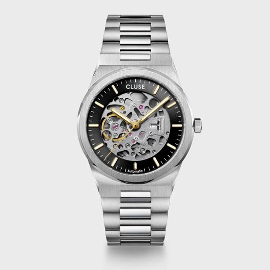Foto de Reloj Cluse automático Vigoureux de acero, color negro y plateado.