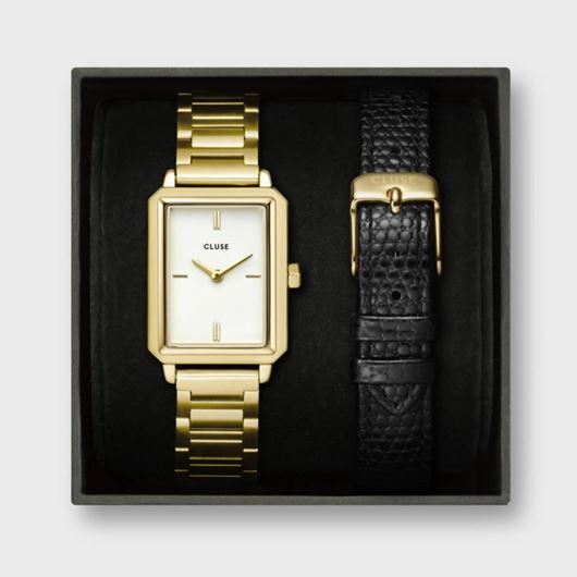 Foto de Reloj Cluse Fluette en caja de regalo, acero, color dorado y correa de piel de lagarto negra.